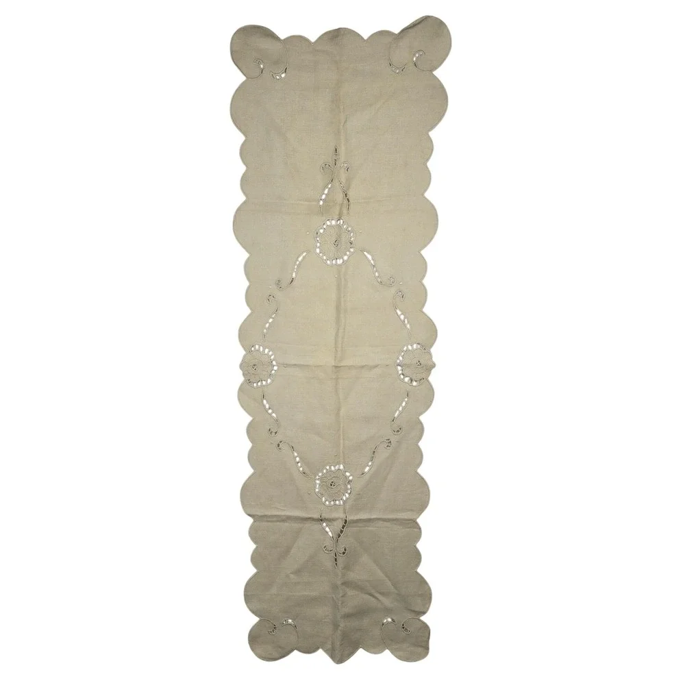 Vintage Beige Linen Floral Cutwork Scalloped Table Runner 16x50 Cottagecore Boho
